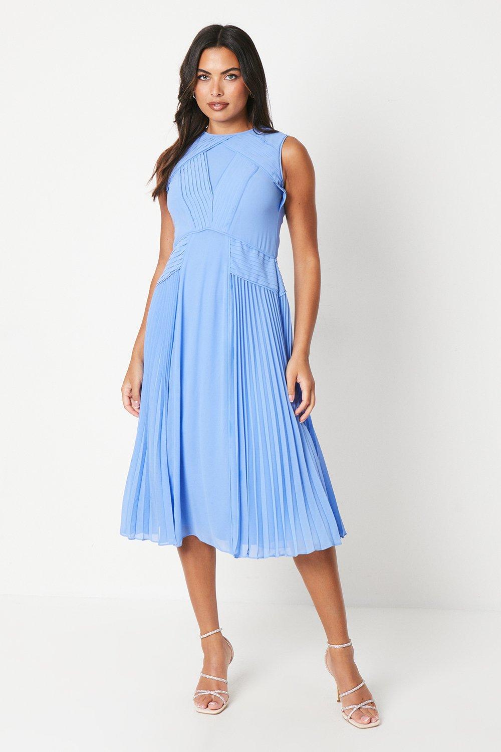 Buy Georgette Pleat Panel Dress Light Blue in Seychelles discount voucher